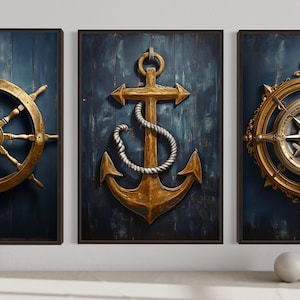Nautical Wall Art Set of Three Maritime Prints - Navy Blue Gold Coastal