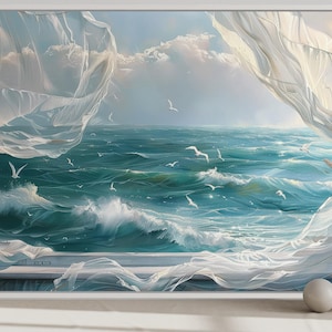 Bathroom Wall Art, Coastal Decor Ocean View From Window With Birds And Curtains Painting Canvas PRINT, Beach House Art Framed Ready To Hang