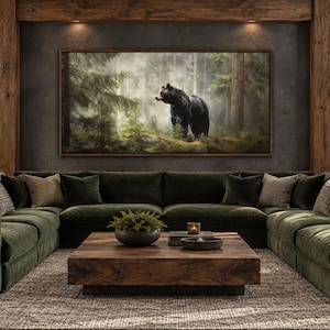Black Bear In Pine Tree Forest Painting Canvas PRINT, Bear Wall Art, Lodge Decor, Rustic Cabin Wall Decor, Extra Large Wildlife Wall Art