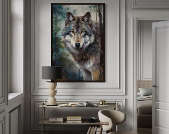 Wolf In The Forest Painting Cavas PRINT, Cool Wolf Pop Art Wall Art, Cabin Or Lodge Wall Decor, Framed Ready To Hang