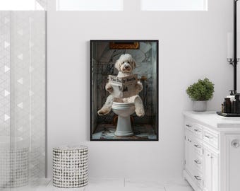 White Goldendoodle Dog On The Toilet Reading Newspaper, Funny Bathroom Art, Toilet Humor Animal Canvas Print Framed Unframed Ready To Hang