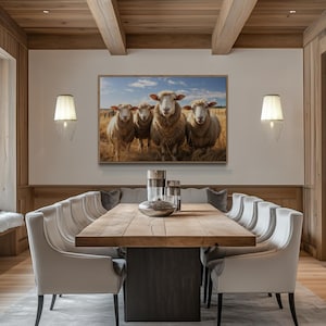 Three Cute Farm Sheep Wall Art - Rustic Farmhouse Kitchen Wall Decor - Farm Animals Artwork Framed Ready To Hang