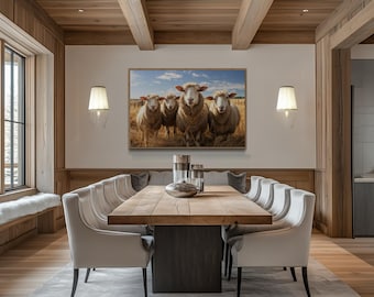 Three Cute Farm Sheep Wall Art - Rustic Farmhouse Kitchen Wall Decor - Farm Animals Artwork Framed Ready To Hang