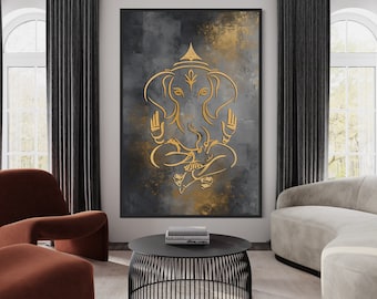 Minimalist Lord Ganesha Wall Art, Ganapati Abstract Painting Canvas Print, Indian Deity, Yoga Room Decor Framed Or Unframed Ready To Hang