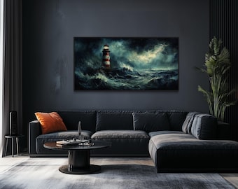 Stormy Lighthouse Wall Art – Dramatic Ocean Waves and Lightning Nautical Canvas Print for Moody Decor or Study – Framed Ready To Hang
