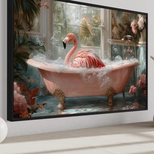 Pink Flamingo In The Bath Tub Painting Canvas PRINT, Bathroom  Wall Art, Kids Room Decor, Animals In Bathtub Framed Unframed Ready To Hang