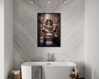 Bernese Mountain Dog On The Toilet Reading Newspaper, Funny Bathroom Art, Toilet Humor Animal Canvas Print Framed Ready To Hang