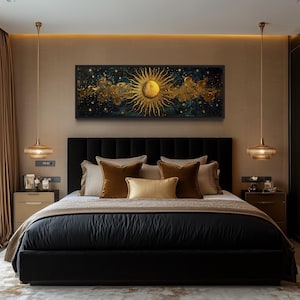 Black and Gold Sun Wall Art, Long Narrow Horizontal Abstract Sun Painting Canvas Print Above King Bed Framed Ready To Hang