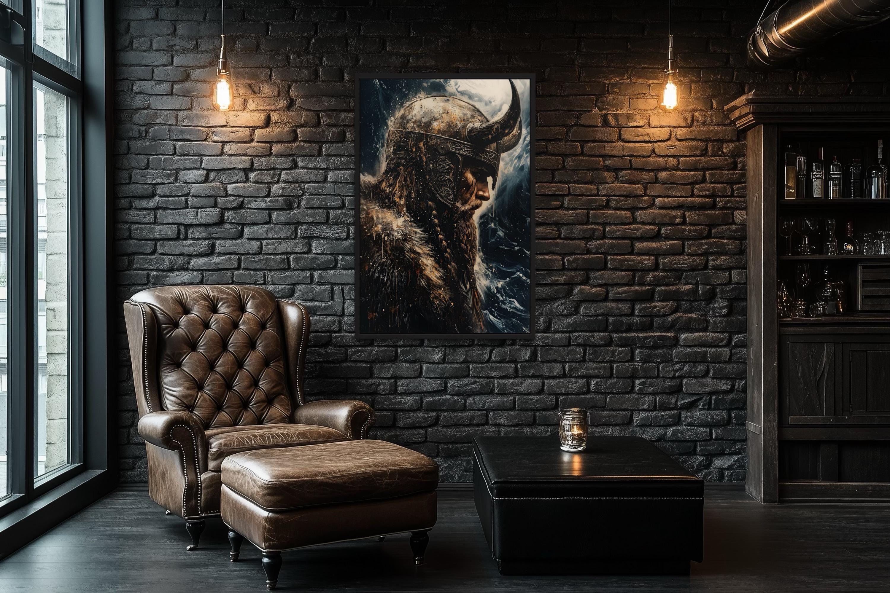 Viking Wall Art, Modern Viking Portrait On Ocean Background Nose Painting Canvas Print Framed Ready To Hang