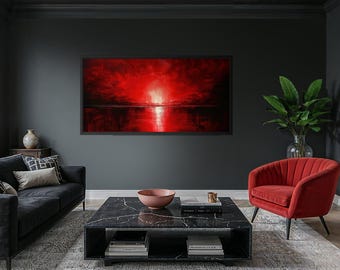 Abstract Red Calm Ocean Sunset Painting Canvas PRINT, Minimalist Modern Ocean Horizon At Night, Seascape, Red Wall Art Framed Ready To Hang