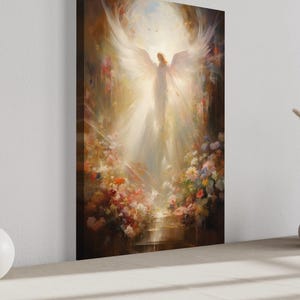 a large painting of an angel with outstretched wings, surrounded by a vibrant floral scene. The painting is displayed on a wall, with a white vase and a small white ball placed next to it.