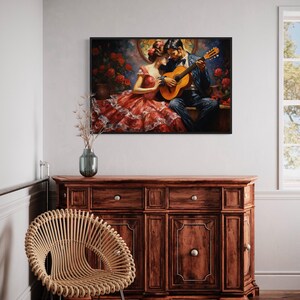 a painting of a couple in a romantic embrace, with the man playing a guitar and the woman wearing a red dress. The painting is hung on a white wall above a wooden cabinet, which has a woven chair placed in front of it.