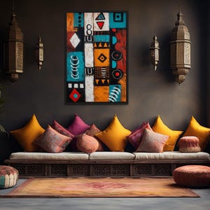 African Wall Art Abstract Tribal Painting Print – Large Ethnic Geometric Symbols Canvas, Teal Red Orange Black Wall Decor For Living Room
