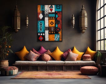 African Wall Art Abstract Tribal Painting Print – Large Ethnic Geometric Symbols Canvas, Teal Red Orange Black Wall Decor For Living Room