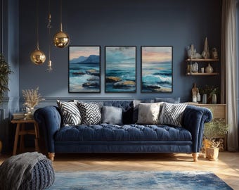 Coastal Ocean Set of 3 Canvas Wall Art – Blue Teal Seascape Waves, Modern Coastal Wall Decor, Large Ocean Landscape Prints for Living Room