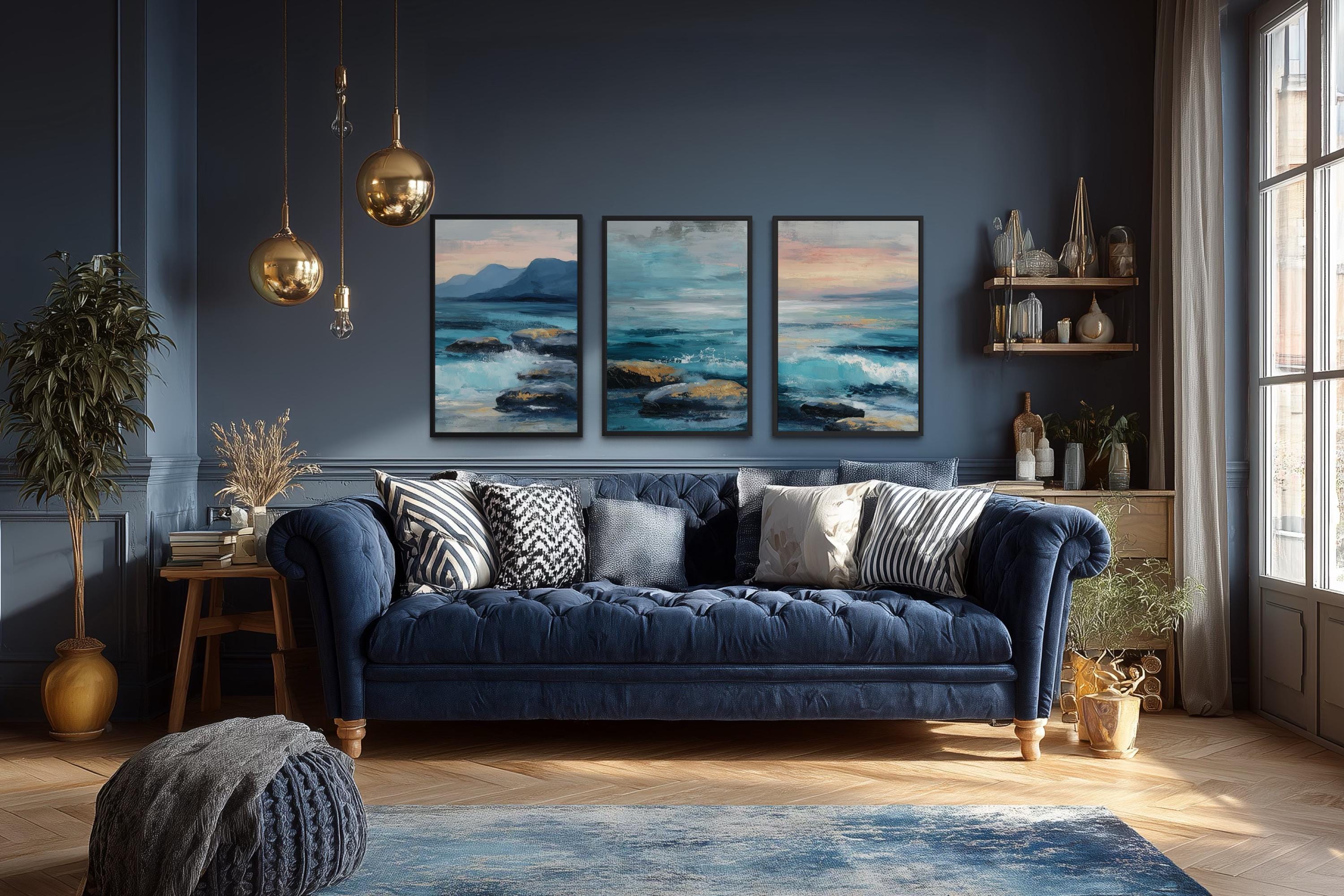 Coastal Ocean Set of 3 Canvas Wall Art – Blue Teal Seascape Waves ...