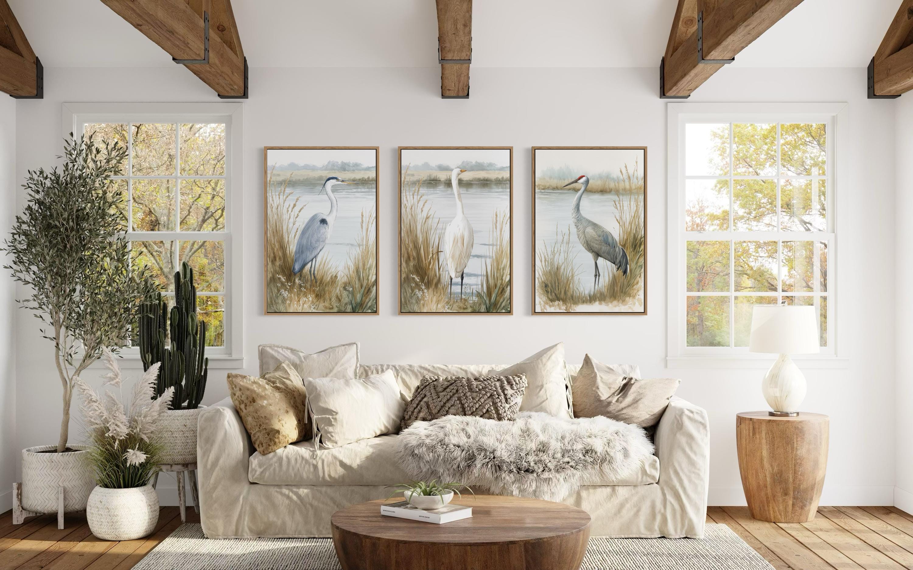 Boho Coastal Bird Wall Art Set of 3, Heron Egret Crane Canvas Prints ...