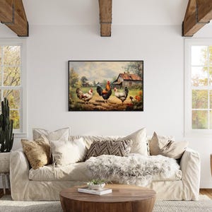 a cozy living room with a large window, a white sofa, a wooden coffee table, and a painting of chickens in a rural setting.