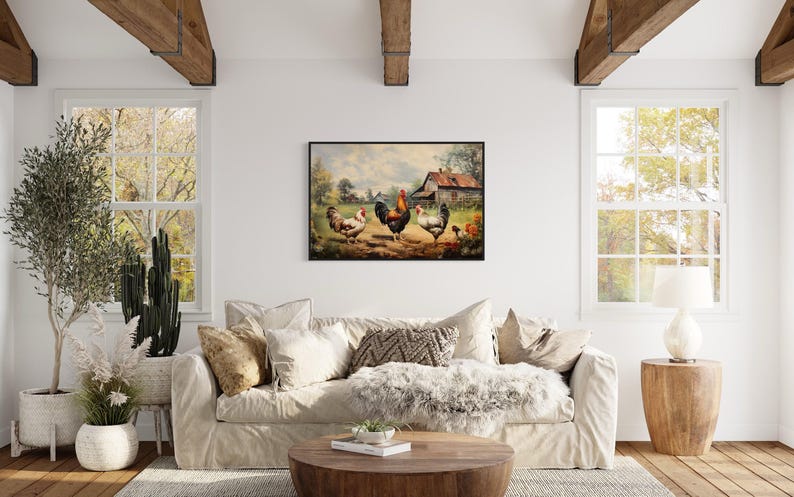 a cozy living room with a large window, a white sofa, a wooden coffee table, and a painting of chickens in a rural setting.