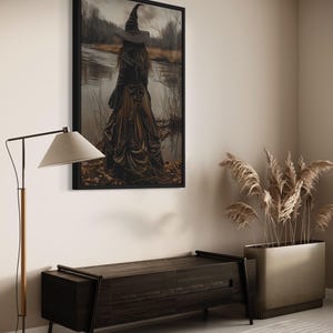 Halloween Wall Art Salem Witch At The Lake Painting Canvas PRINT, Moody New England Landscape Framed Ready To Hang image 10