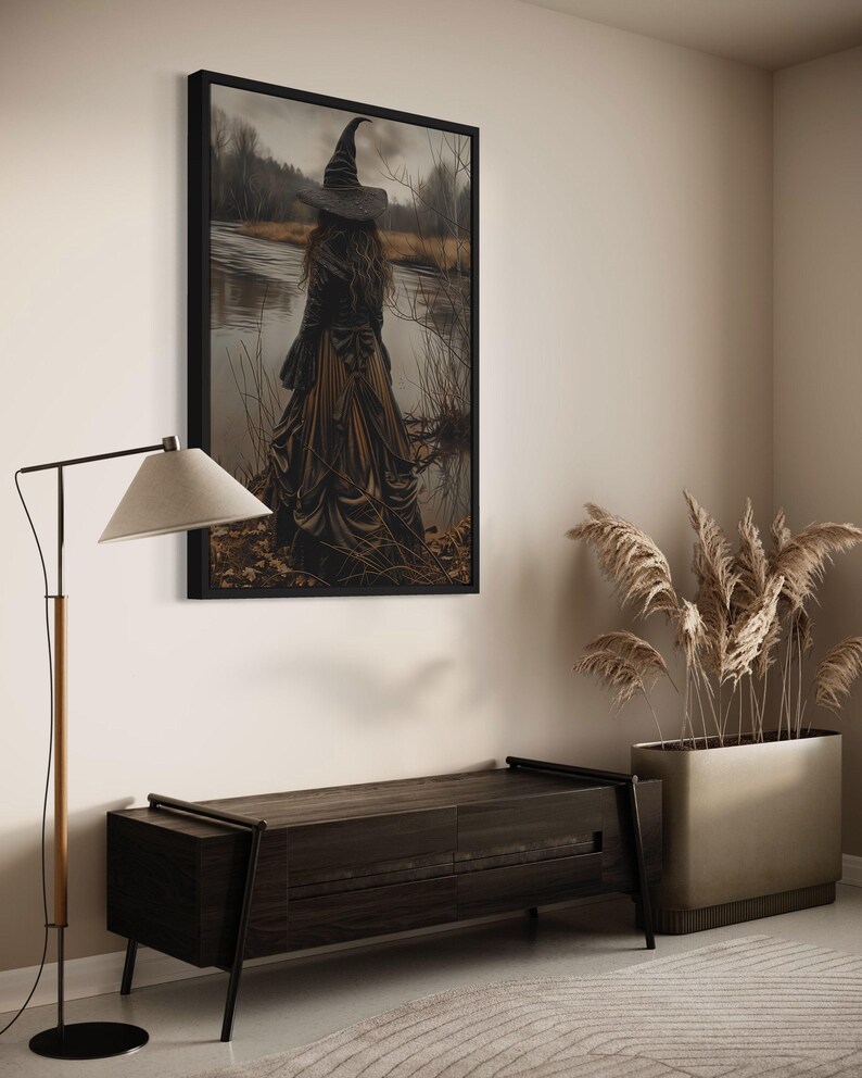Halloween Wall Art Salem Witch At The Lake Painting Canvas PRINT, Moody New England Landscape Framed Ready To Hang image 10