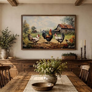 Farmhouse Wall Art, Roosters Chickens Retro Painting Canvas PRINT, Farm Wall Decor, Farm Kitchen Art Framed Unframed Ready to Hang image 4