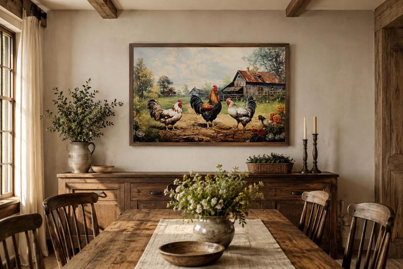 Farmhouse Wall Art, Roosters Chickens Retro Painting Canvas PRINT, Farm Wall Decor, Farm Kitchen Art Framed Unframed Ready to Hang image 4