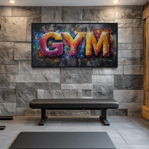 Gym Wall Art - Typography Graffiti Painting Of the Word Gym - Motivational Home Gym Decor -  Canvas Print Framed Ready To Hang