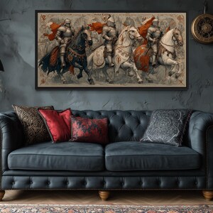 Medieval Knights Wall Art – Gothic Battle Scene Canvas Print, Armored Horsemen With Swords, Man Cave Medieval Warrior Wall Décor Bild 5
