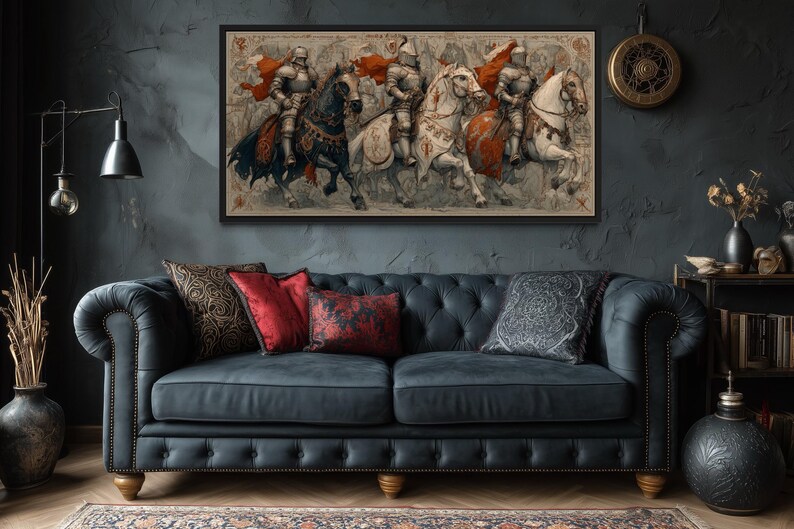 Medieval Knights Wall Art – Gothic Battle Scene Canvas Print, Armored Horsemen With Swords, Man Cave Medieval Warrior Wall Décor Bild 5
