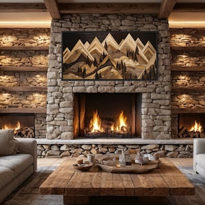 Wood Mountain Painting Canvas PRINT, Wood Wall Art Effect Cabin Wall Decor, Rustic Lodge Wall Art Framed Ready To Hang