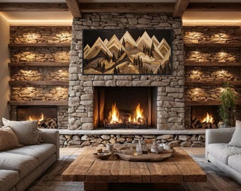 Wood Mountain Painting Canvas PRINT, Wood Wall Art Effect Cabin Wall Decor, Rustic Lodge Wall Art Framed Ready To Hang