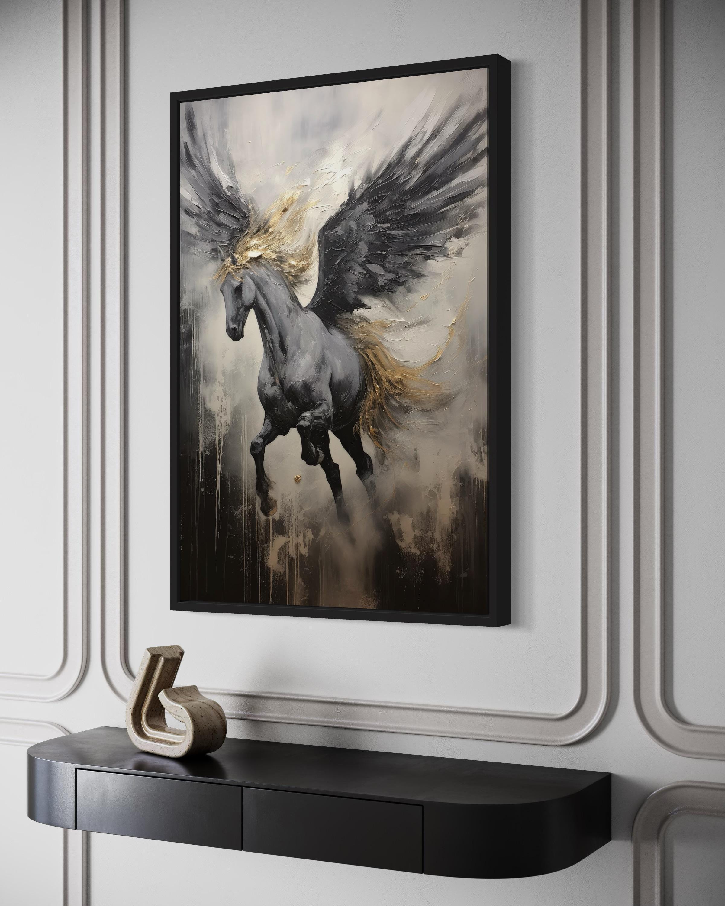 Black Pegasus Wall Art, Winged Horse Abstract Painting Extra Large ...