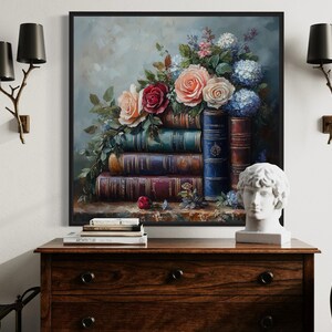 a wooden dresser with a bust of a man's head on top, a stack of books, and a vase of flowers. The dresser is positioned against a wall with two black sconces on either side.