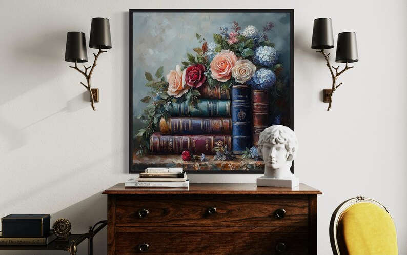 a wooden dresser with a bust of a man's head on top, a stack of books, and a vase of flowers. The dresser is positioned against a wall with two black sconces on either side.