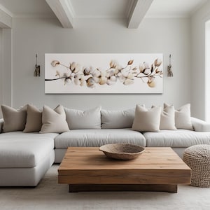 Boho Horizontal Wall Art, Farmhouse Cotton Plant Painting Canvas Print - Retro Panoramic Art, Neutral Bedroom Art Over Bed Ready To Hang