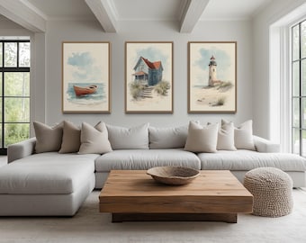 Set of 3 Beach House Wall Art Prints, Coastal Painting Canvas Print, Beach House, Boat And Lighthouse Seaside Decor, Framed Ready To Hang