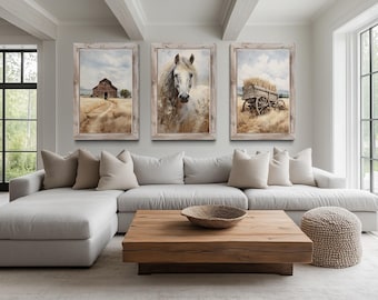 Farmhouse Wall Decor For Living Room - Set of Three Modern Rustic Farm PRINTs - Painting of Horse, Old Barn, Hay Cart Canvas Prints
