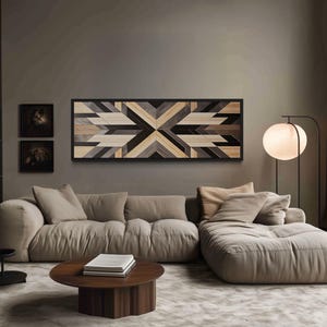Horizontal Wall Art Painted Aztec Inspired Wood Painting Canvas PRINT, Rustic Farmhouse Wood Panel Style Over Bed Wall Decor Ready To Hang