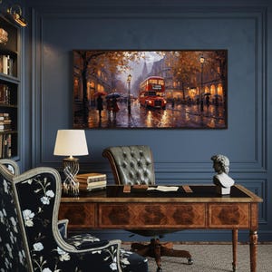 Red Double Decker Bus In Rainy London Street Painting Canvas PRINT,  Office Wall Art Framed, Ready To Hang