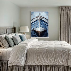 Old Blue Rustic Boat Close Up Vertical Painting Canvas PRINT, Coastal Wall Art, Nautical Room Decor Framed Ready To Hang