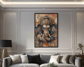 Abstract Modern Lord Ganesha Wall Art, Ganapati Painting Extra Large Canvas PRINT, Indian Wall Art Framed Ready To Hang