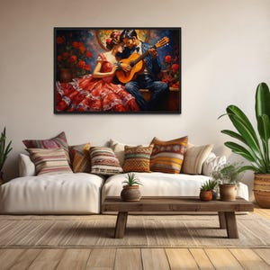 a cozy living room with a large painting of a couple playing guitar on the wall. The room is decorated with potted plants, a wooden coffee table, and a comfortable couch.