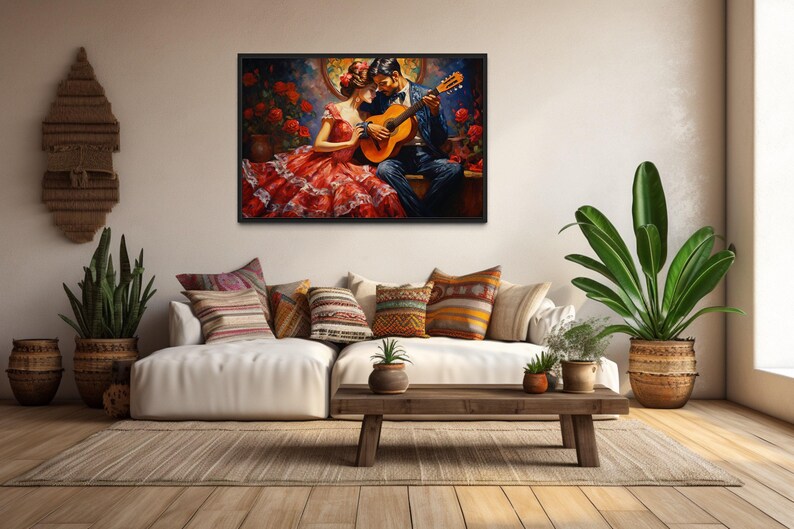 a cozy living room with a large painting of a couple playing guitar on the wall. The room is decorated with potted plants, a wooden coffee table, and a comfortable couch.