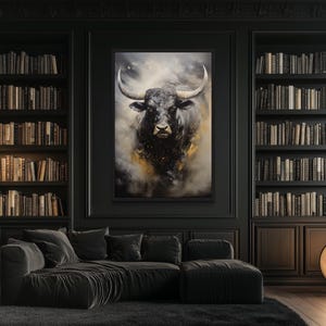 a large black bull painting on the wall of a room with a black sofa, bookshelves, and a potted plant.