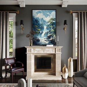 Blue Waterfall Wall Art - Mountain Waterfall Landscape Vertical Painting Canvas Print Framed or Unframed Ready To Hang