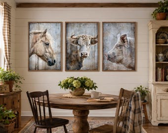 May include: Three rectangular wall art prints featuring portraits of a horse, a bull, and a pig. Each animal is depicted in a realistic style against a weathered, vertical wood plank background, all framed in thin, light-toned wooden frames.