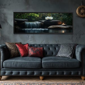 Zen Garden Spa Waterfall Canvas Wall Art - Candle And White Lotus Over Bed Horizontal Relaxation Print, Modern Bedroom Tranquility Decor image 10