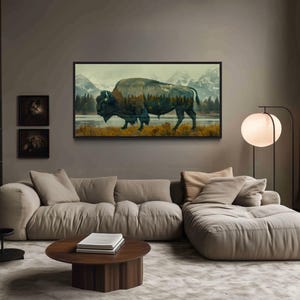 American Bison and Mountain Grasslands Landscape Double Exposure Wall Art, Extra Large Manly Wall Decor, Buffalo Painting Canvas PRINT