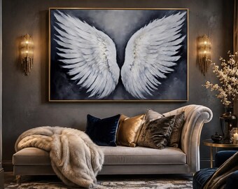White Angel Wings On Grey Background Wall Art - Abstract Oil Painting Printed on Canvas - Christian Painting - Framed Ready To Hang